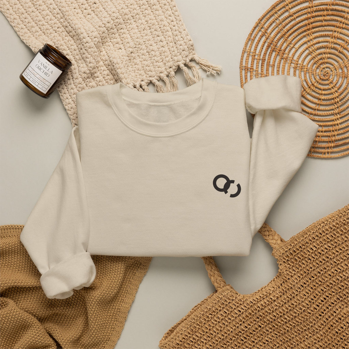 Minimalist White Crewneck Sweatshirt with Small Black Loop Logo