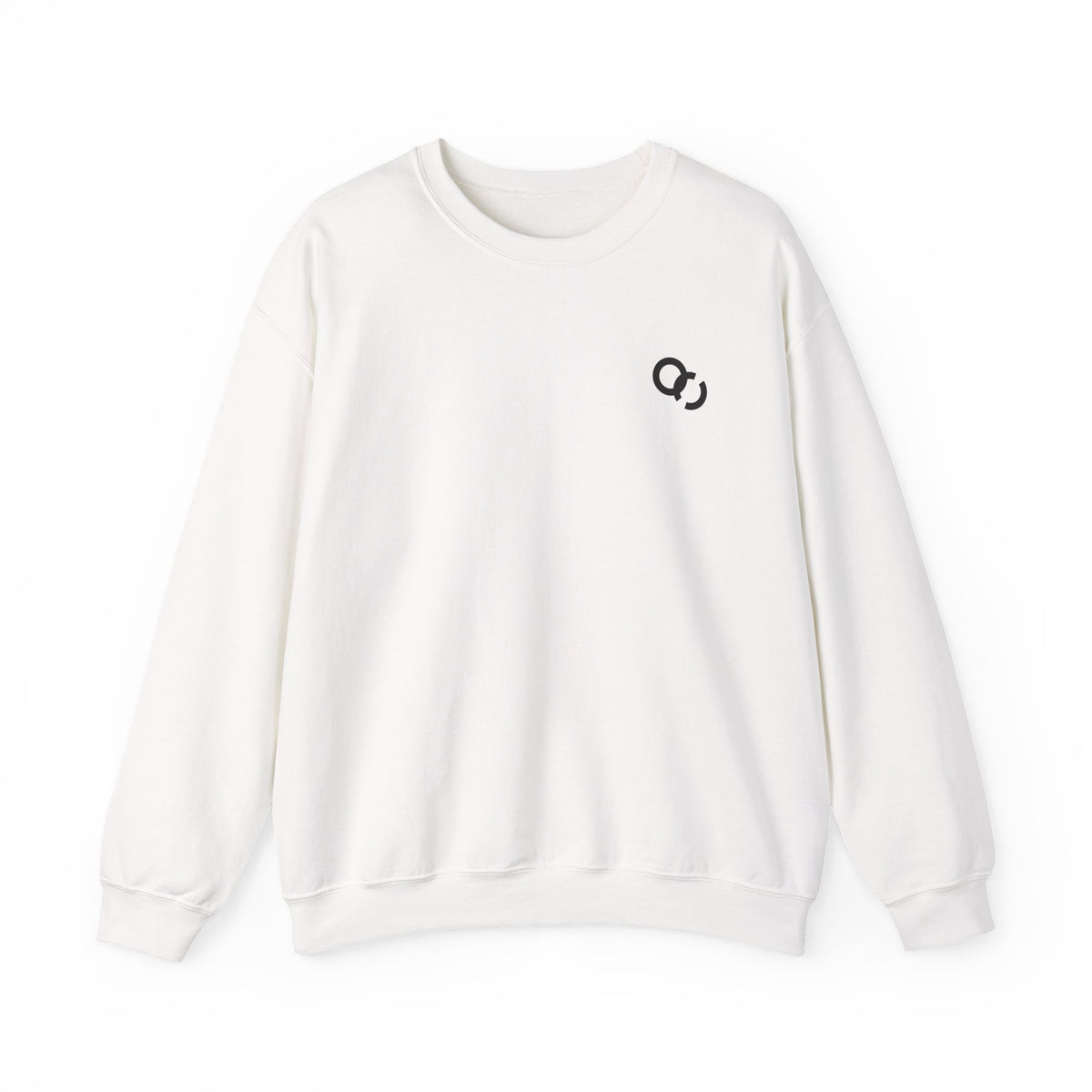 Minimalist White Crewneck Sweatshirt with Small Black Loop Logo