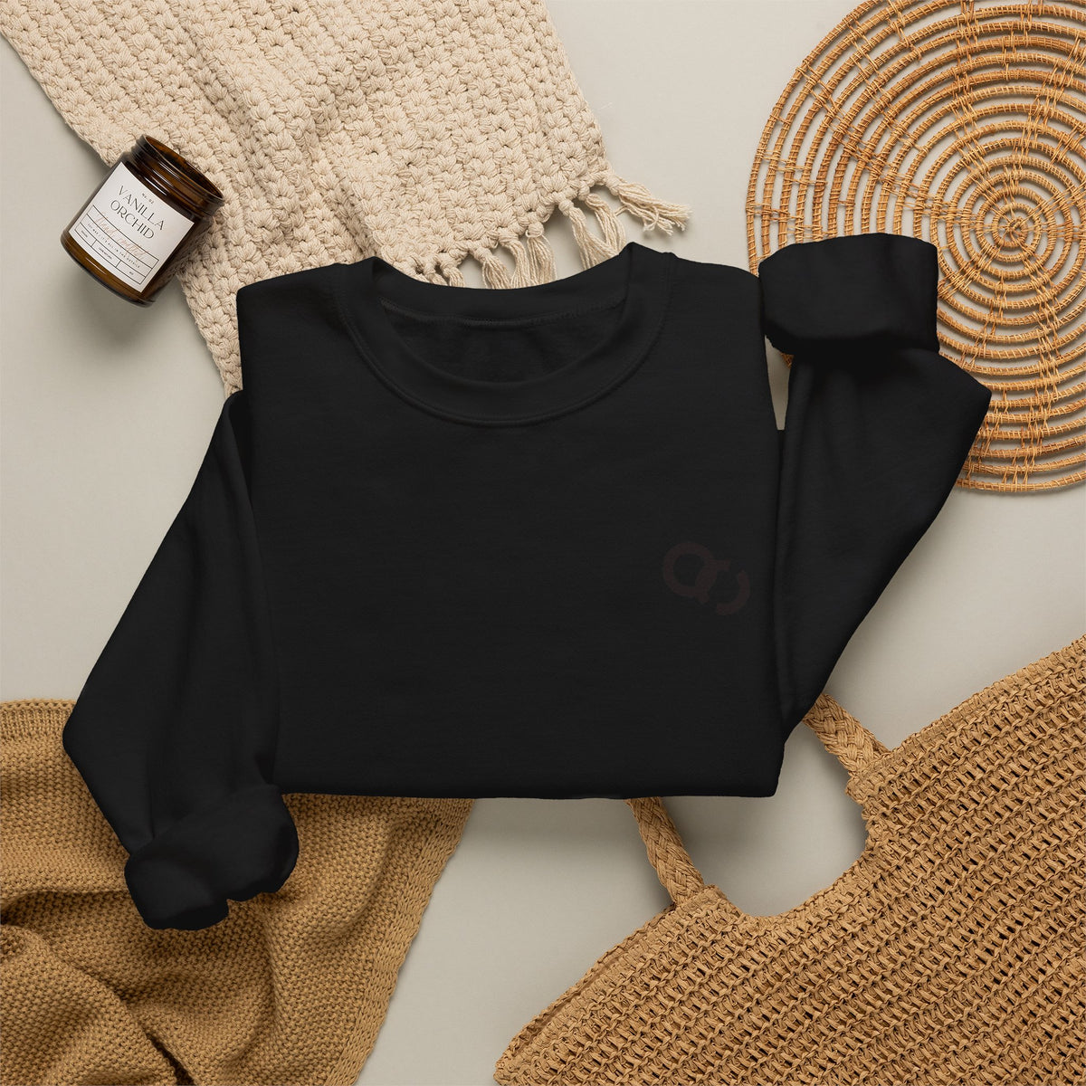 Minimalist White Crewneck Sweatshirt with Small Black Loop Logo