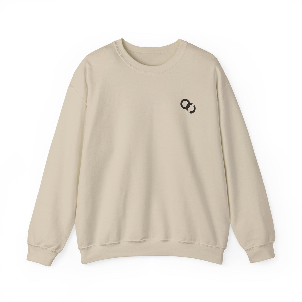 Minimalist White Crewneck Sweatshirt with Small Black Loop Logo