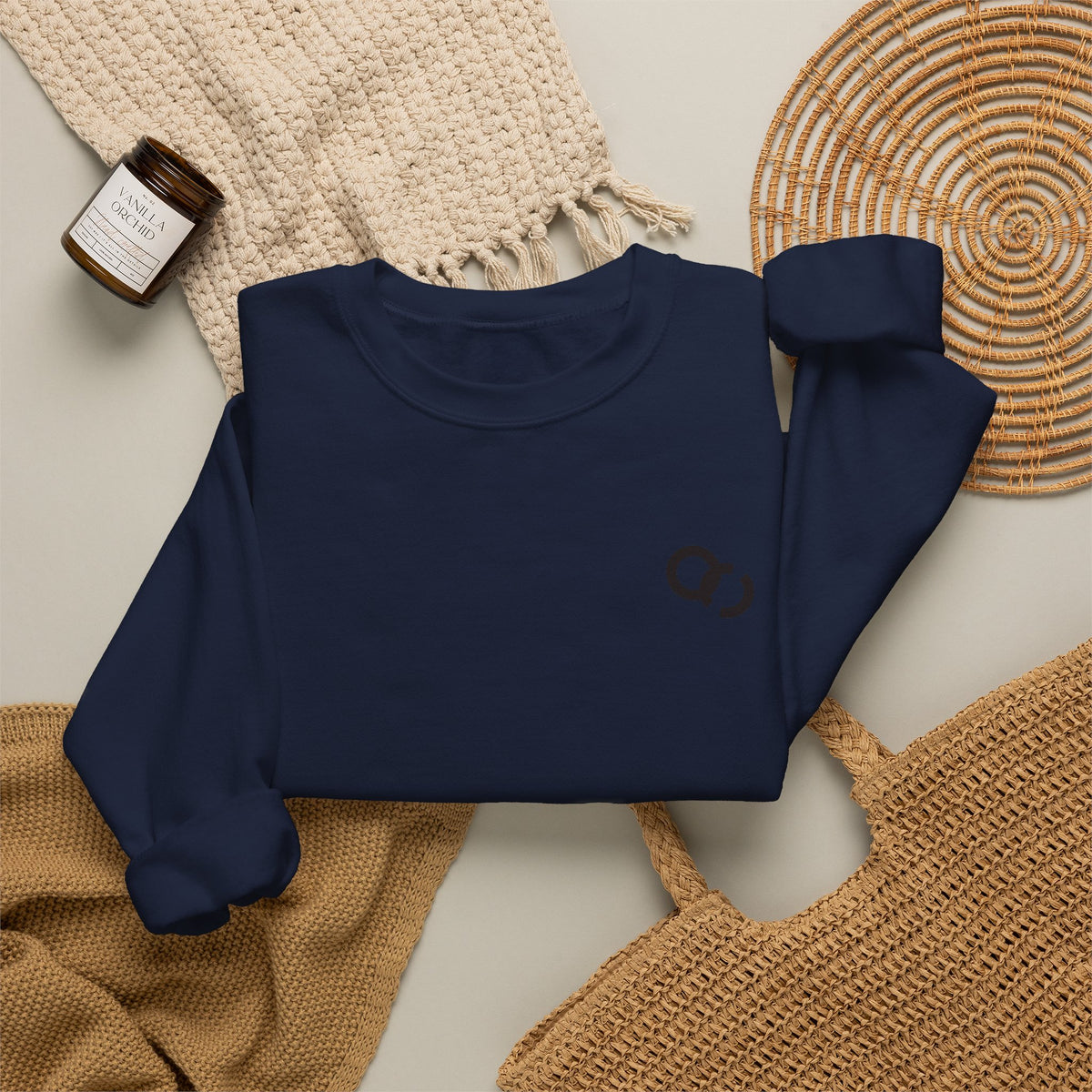 Minimalist White Crewneck Sweatshirt with Small Black Loop Logo