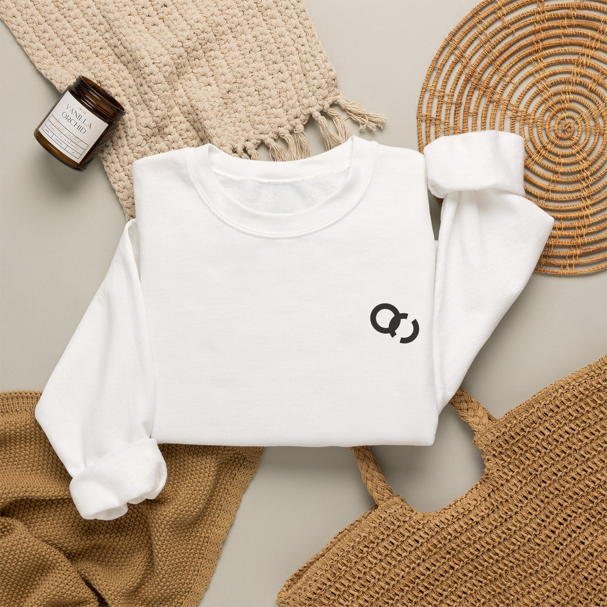 Minimalist White Crewneck Sweatshirt with Small Black Loop Logo
