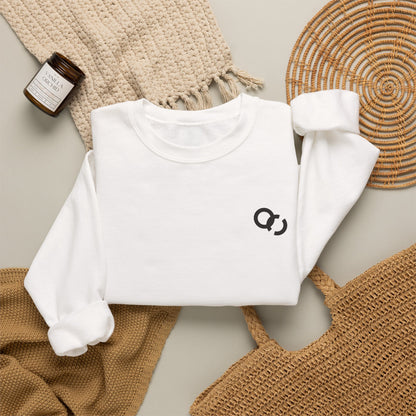 Minimalist White Crewneck Sweatshirt with Small Black Loop Logo